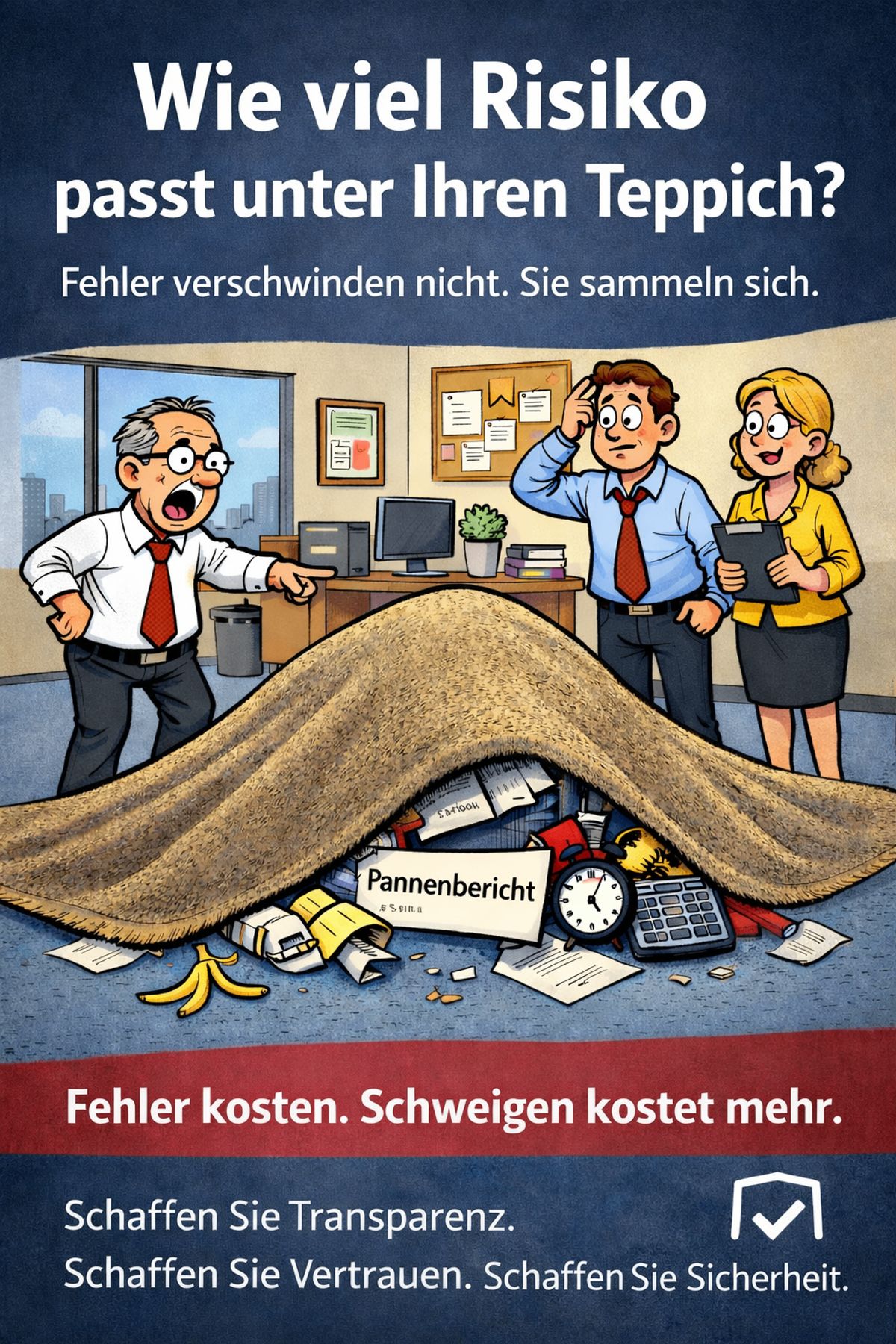 Poster: Wie viel Risiko passt unter Ihren Teppich? – Fehler kosten. Schweigen kostet mehr.